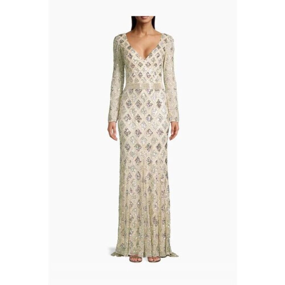 Mac Duggal Womens 5021 Geometric Embellished Evening Gown Silver Size 12